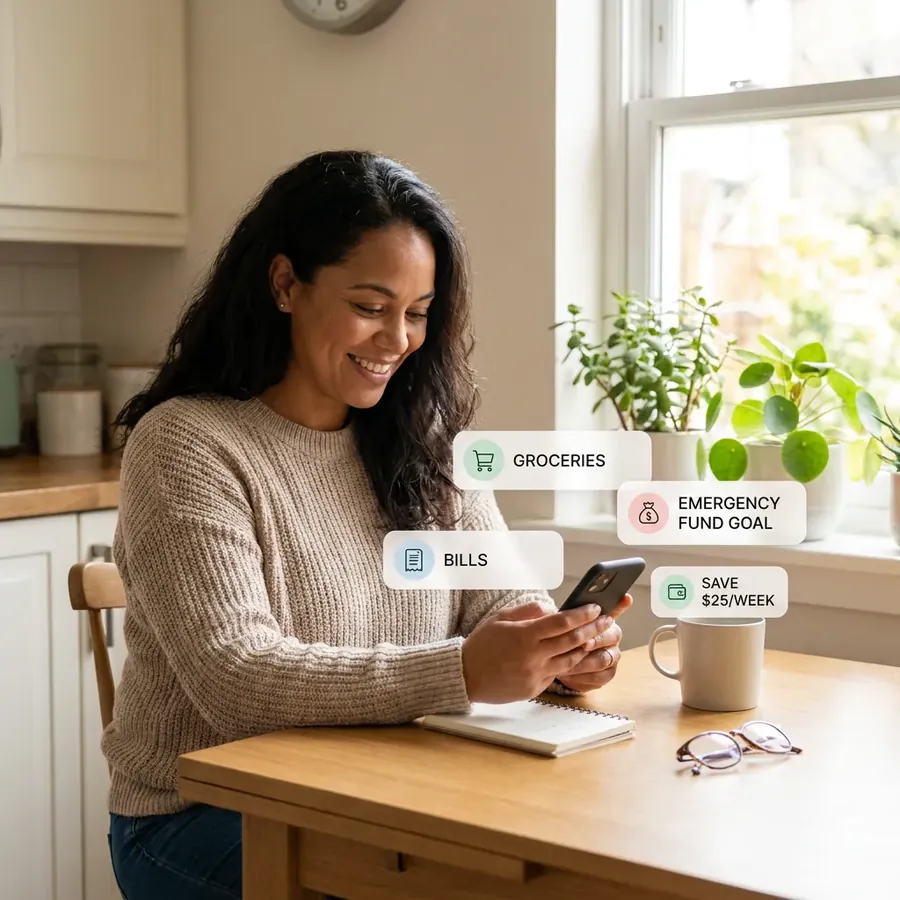 Person comfortably learning about money at home